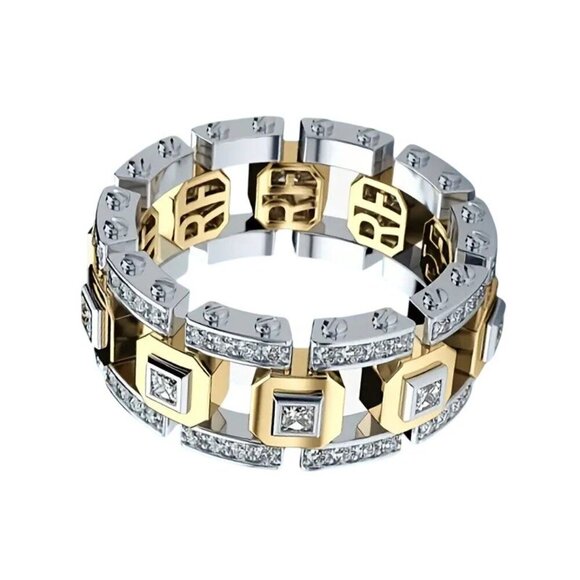 Tungsten Steel Eternity Two Tone Gold & Silver Statement 1.80 Carat CZ Ring - Picture 4 of 4